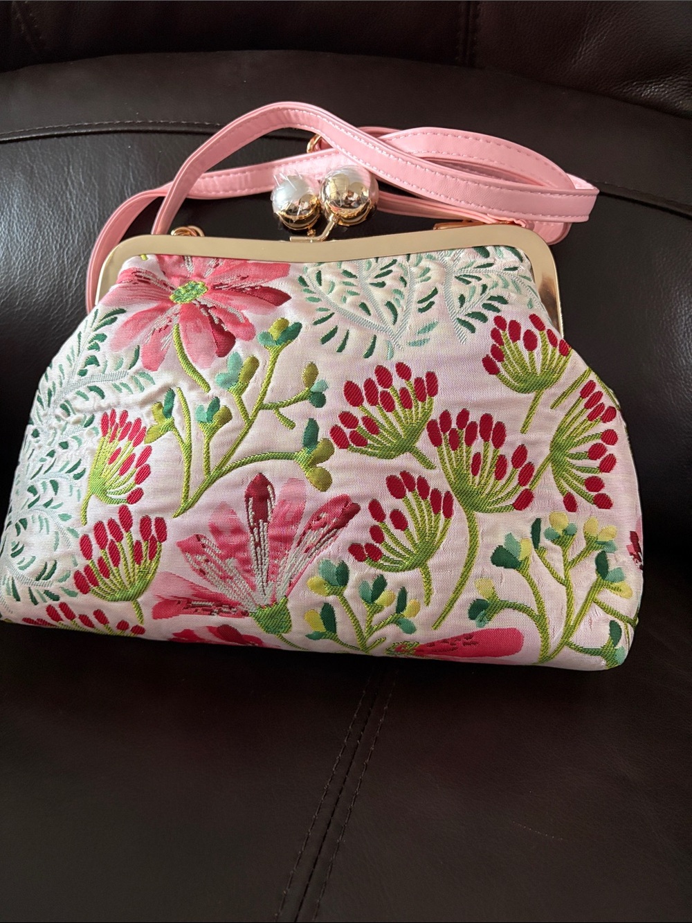 Pink Floral Embroidered Frame-Top Shoulder Bag